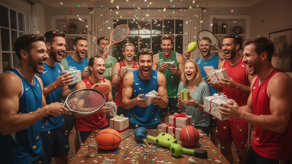Group of people excitedly exchanging wrapped gifts during a lively white elephant party celebration indoors