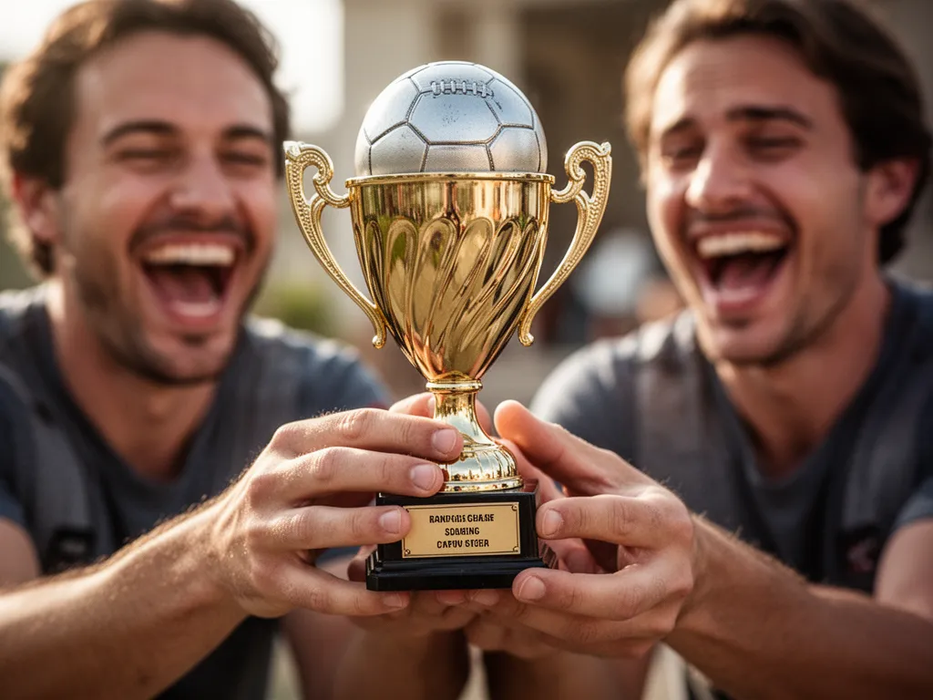 Hands holding a funny novelty sports gift with people laughing in the blurred background