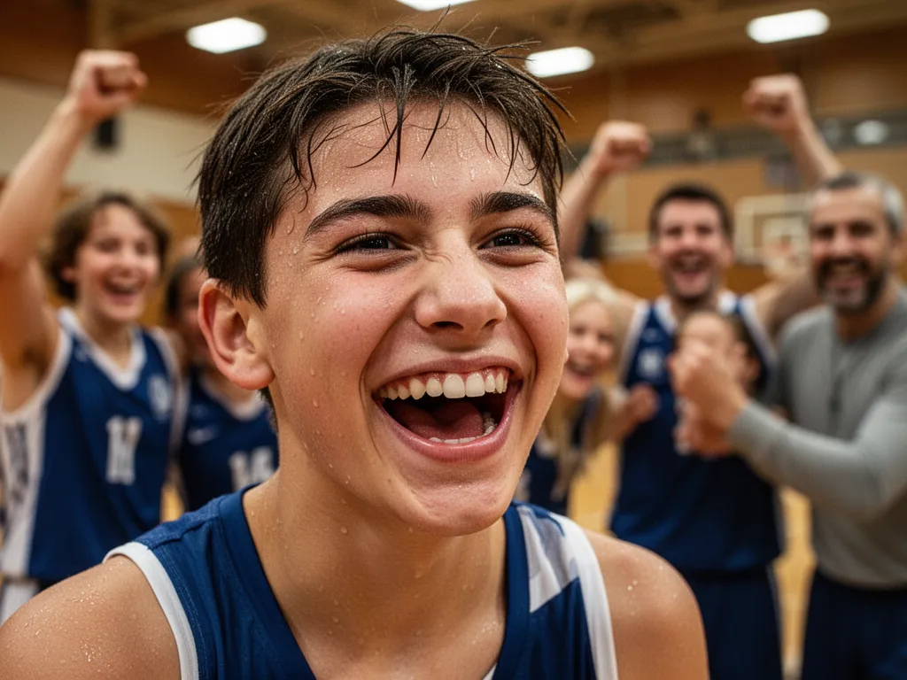 Young athlete's joyful expression surrounded by celebrating teammates and family members indoors