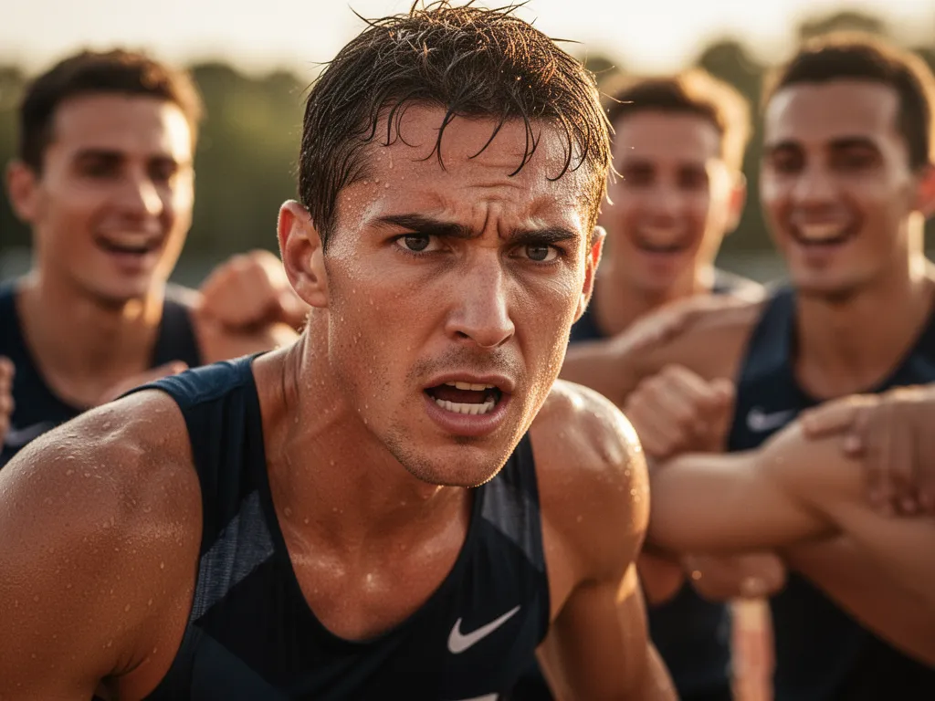 [Athlete's focused expression during intense moment of competition with teammates visible]