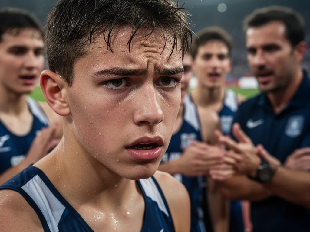 [Young athlete's concentrated face showing determination with blurred teammates supporting nearby]