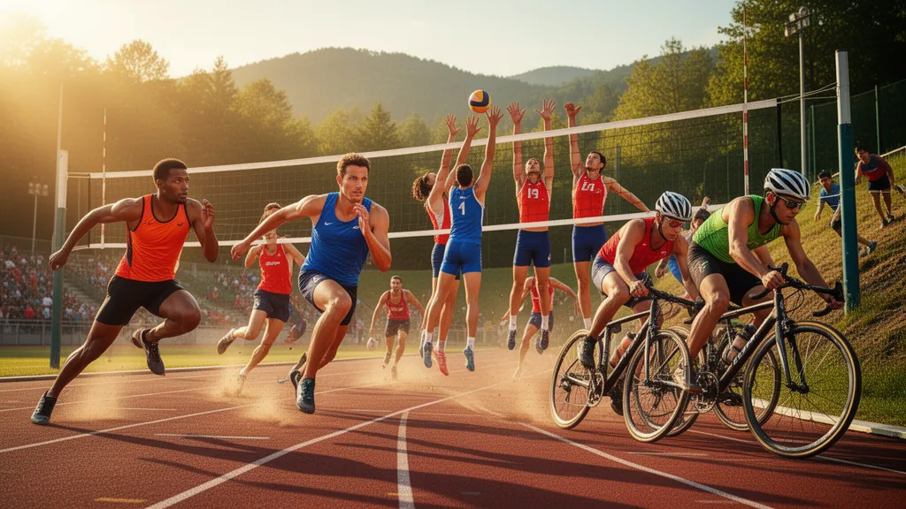 Multiple athletes from different sports competing simultaneously in dynamic outdoor action under natural lighting.