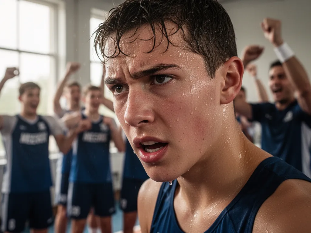 Close-up of athlete's determined expression with teammates celebrating blurred in background after competition.