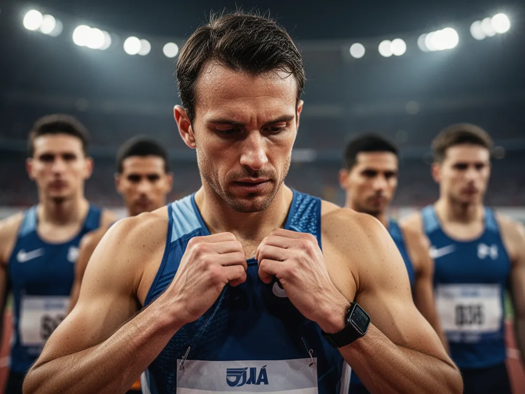 Athlete concentrating while preparing sportswear before competition with supportive teammates nearby.