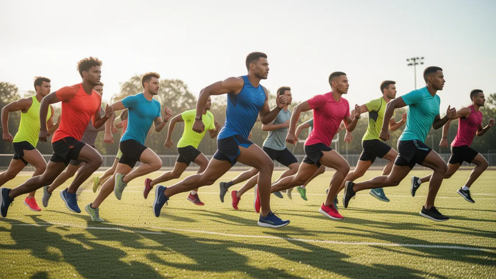 Multiple athletes running outdoors in vibrant sportswear with natural sunlight and motion blur