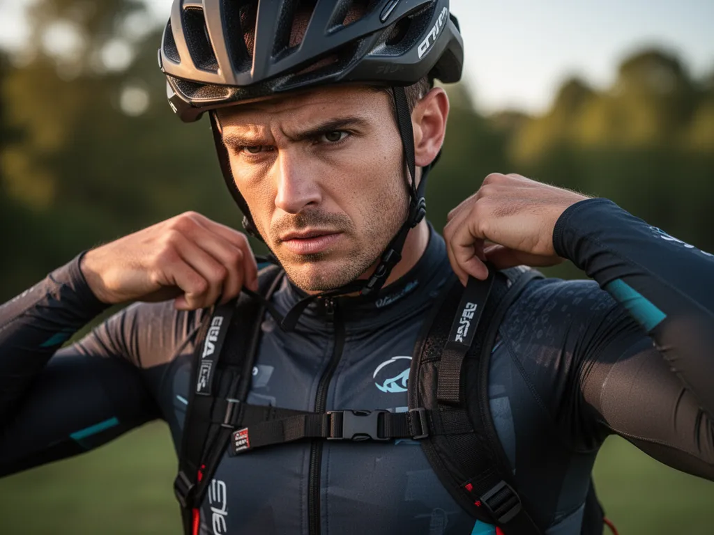 Athlete concentrating while preparing sportswear equipment with determined facial expression outdoors
