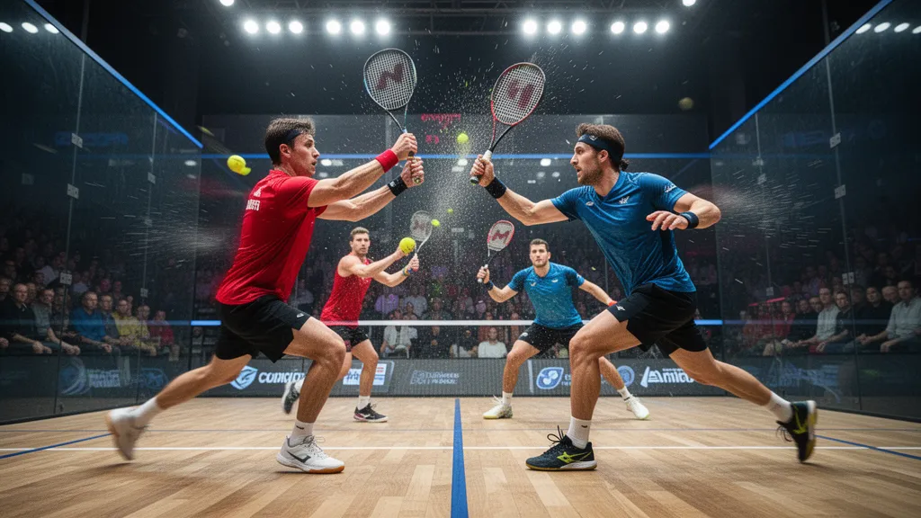 Two squash players engaged in competitive rally on indoor court during dynamic match play