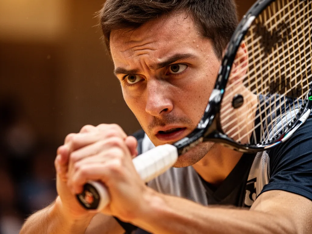 Squash player shows intense concentration while holding racket, sweat on face between match points