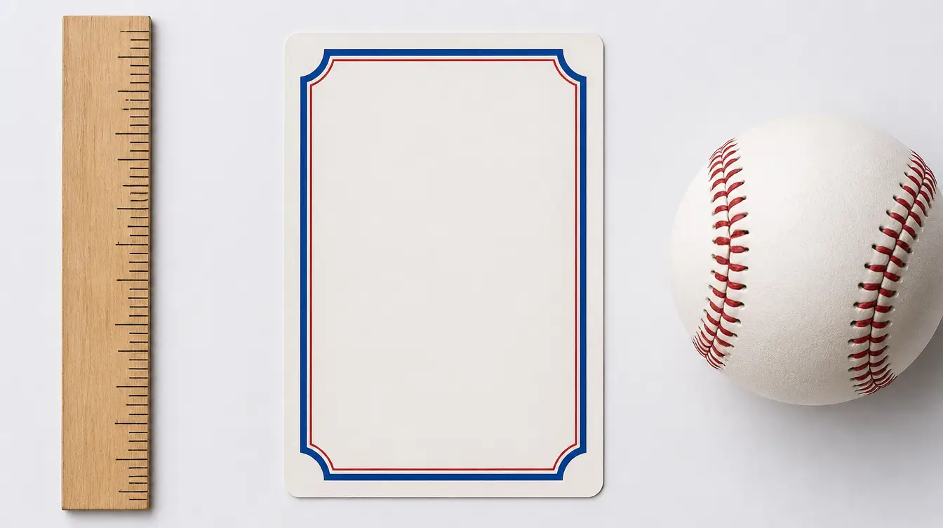 A blank baseball trading card beside a ruler and a baseball