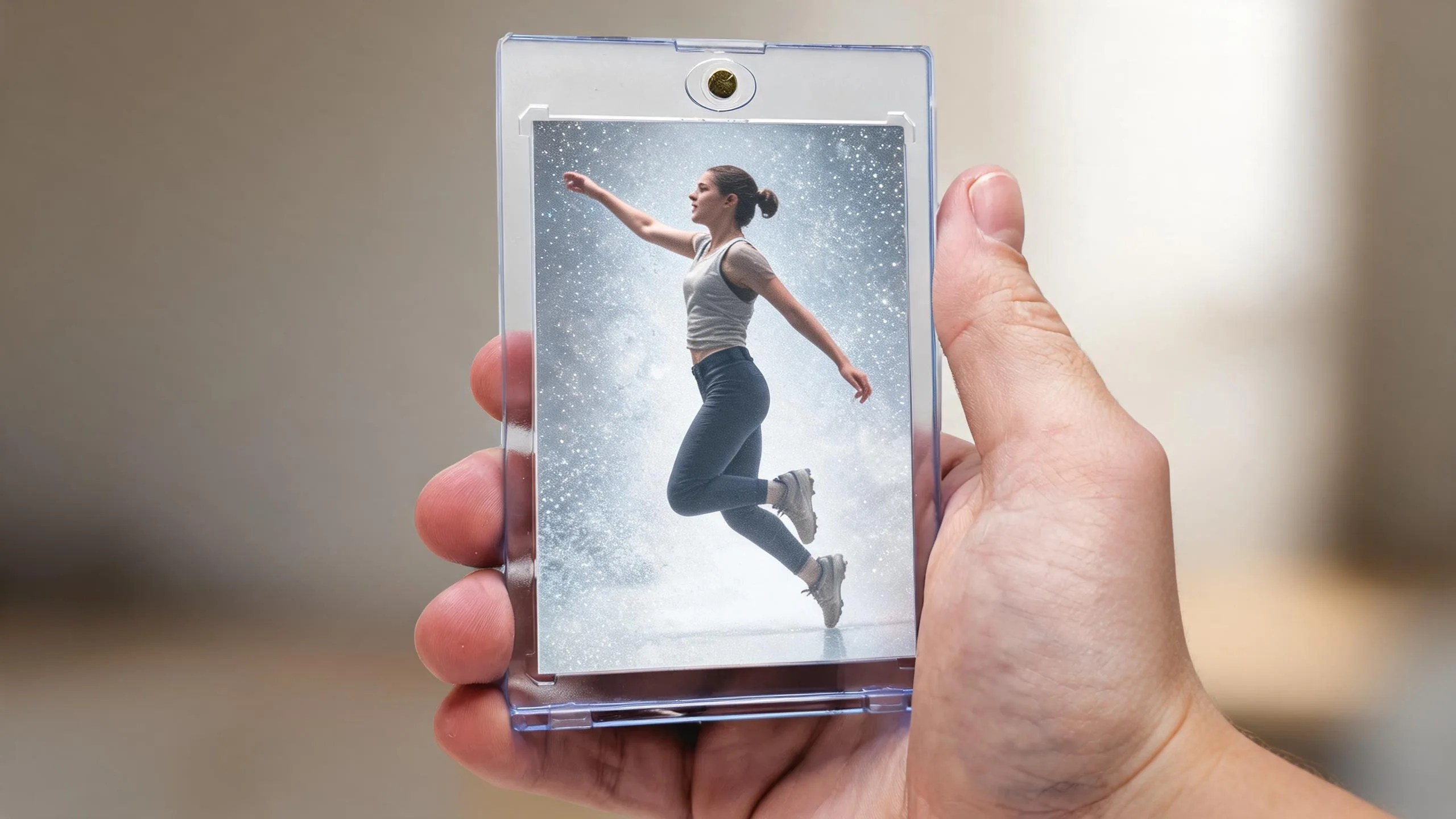 Hand holding magnetic case with silver-blue refractor card, showing standard size of trading cards.