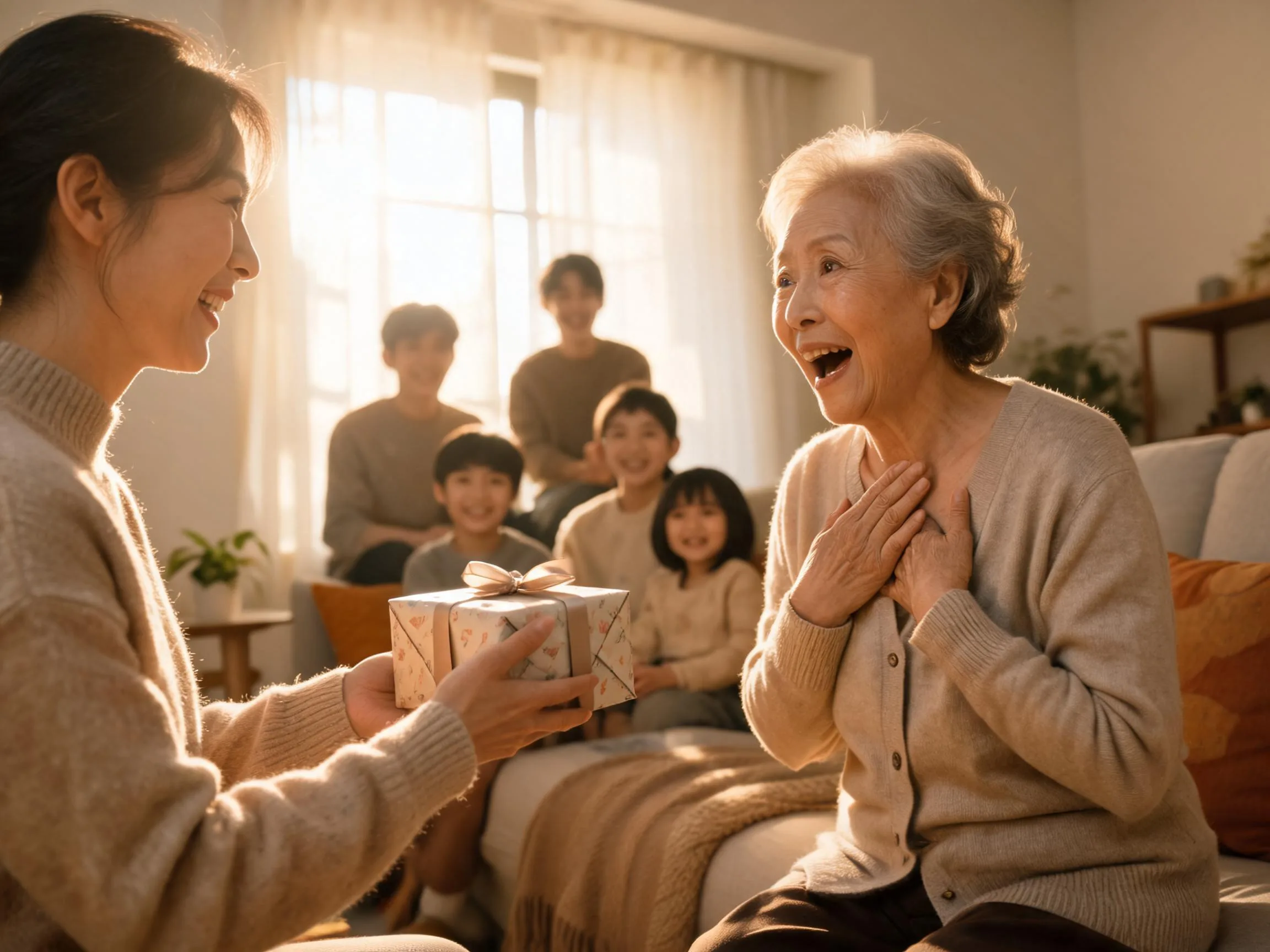 Older person reacting with joyful surprise while receiving an unexpected gift indoors.