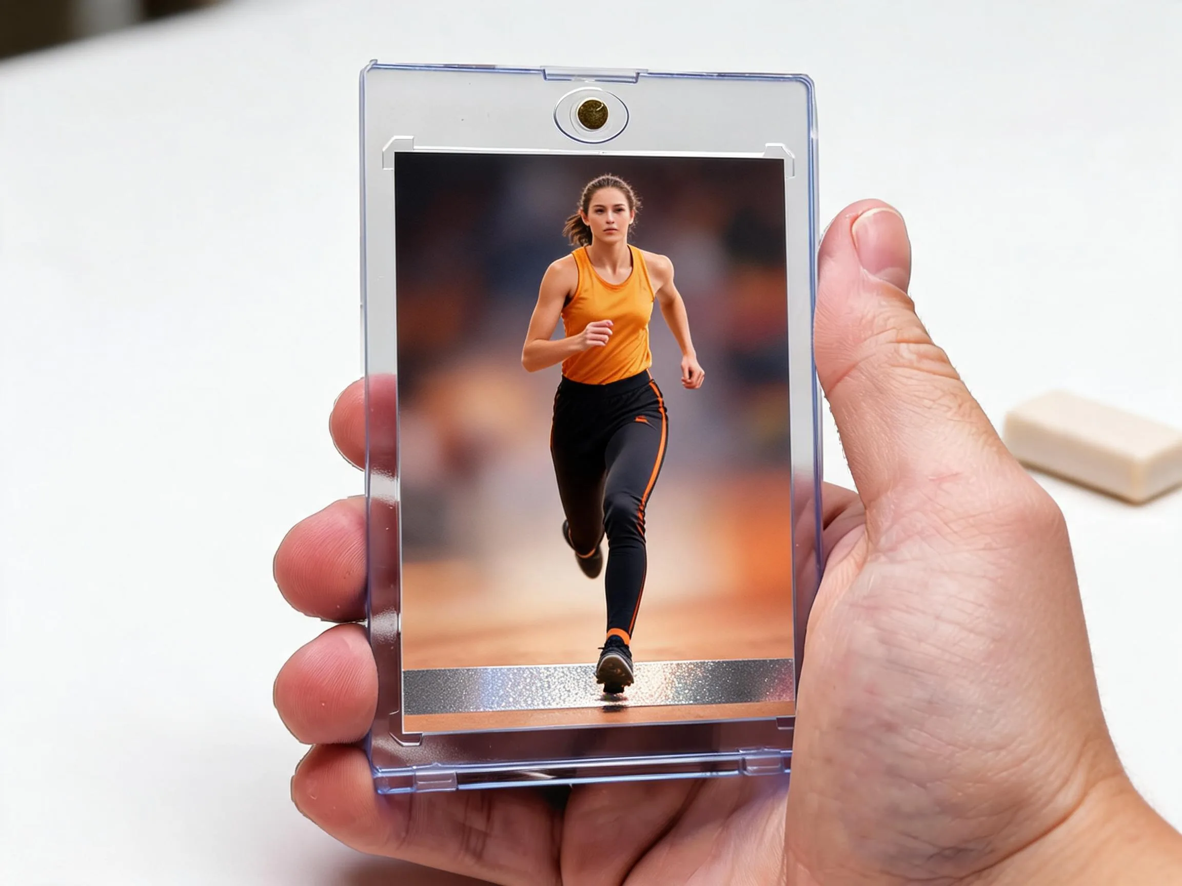 Custom keepsake trading card with chrome finish displayed in clear magnetic case.