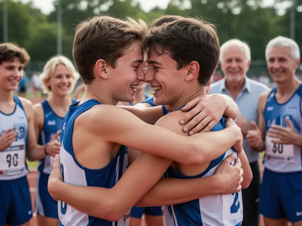 Young athletes hugging in celebration with supportive family members watching nearby after a sporting event