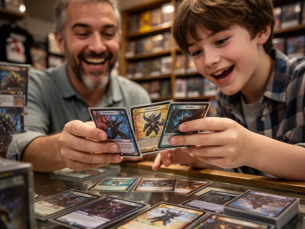 Young person examining trading cards closely at a store counter with shopkeeper nearby