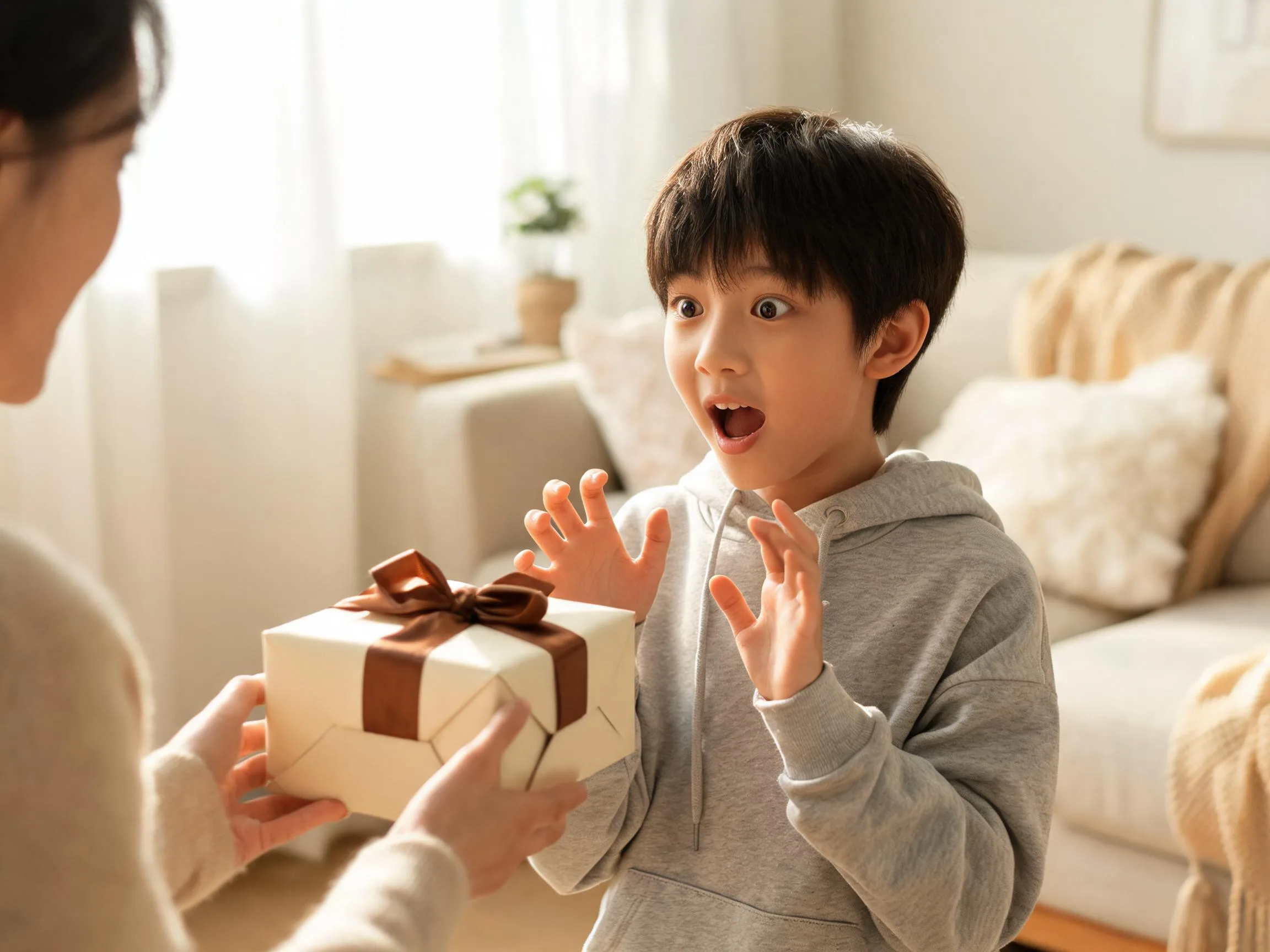Young child reacting with joyful surprise while receiving an unexpected gift indoors.