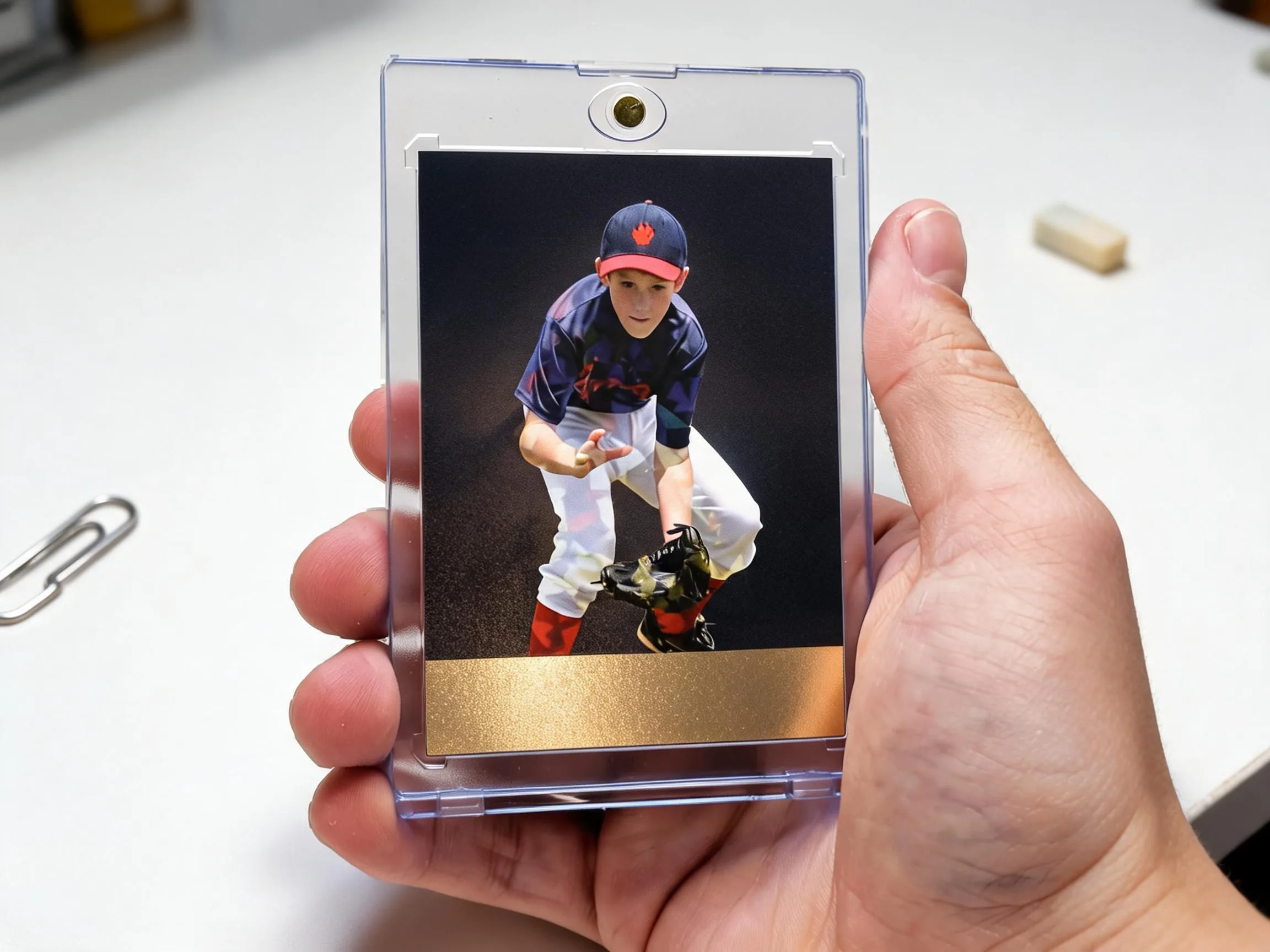 Custom keepsake trading card of young athlete displayed in clear magnetic protective case.