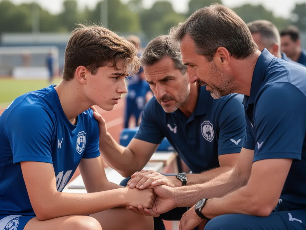Coach providing medical attention and support to young athlete on sports sideline with concern