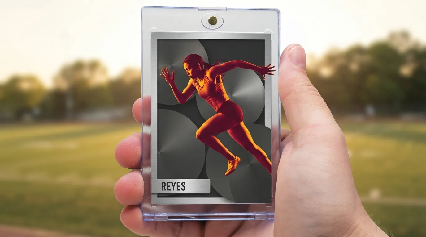 Hand holding magnetic case with duotone sprinter sweet 16 party ideas trading card at golden hour.