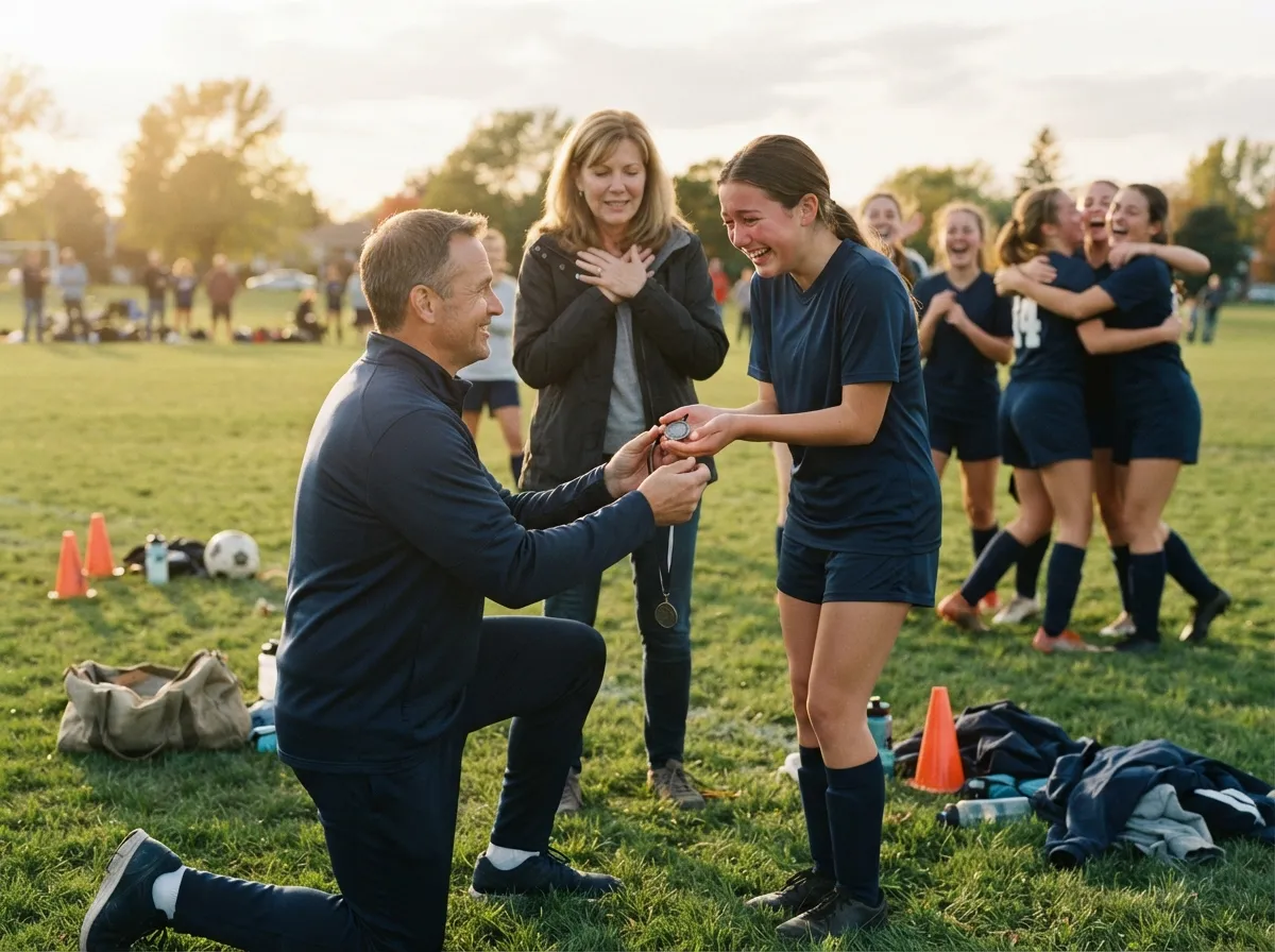 Coach and cheering teammates share proud emotional moment with young athlete on sunlit field.
