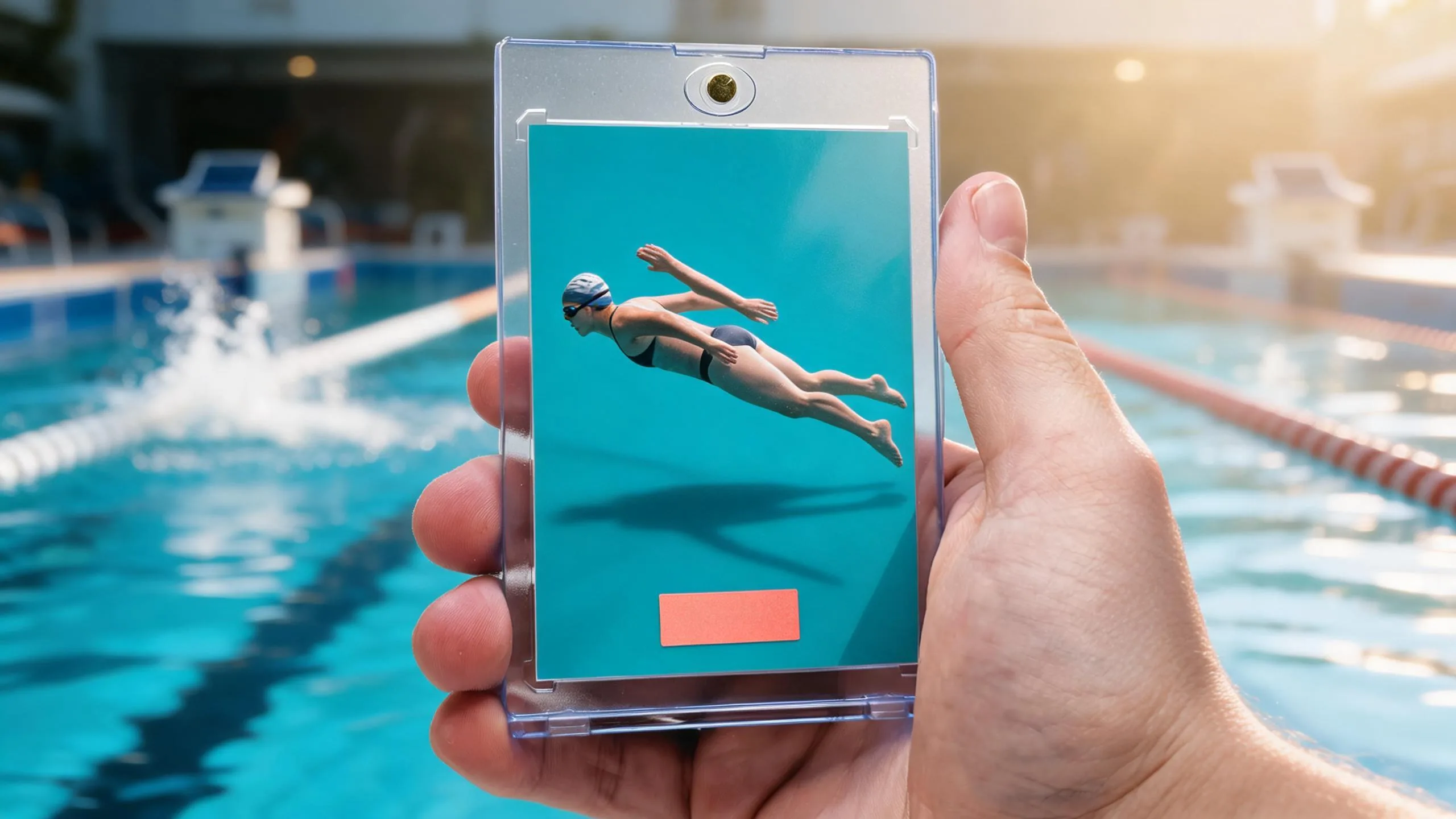 Hand holds magnetic case with swimming trading card of a swimmer, poolside golden-hour background.
