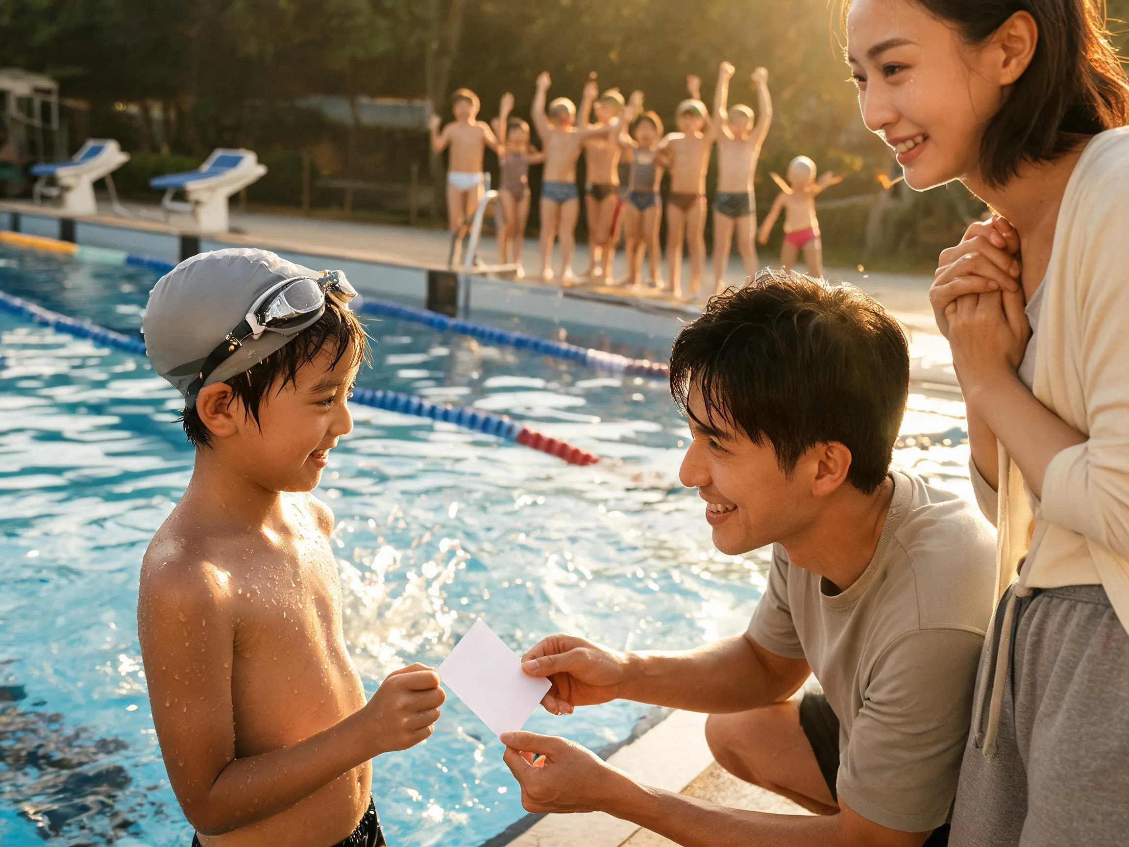 Coach and young swimmer share proud, emotional celebration poolside with teammates cheering nearby.