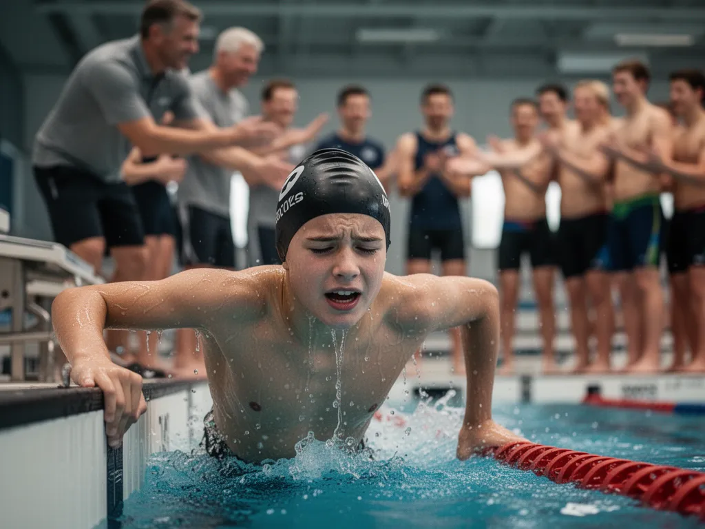 Young swimmer exiting pool after race with coach and teammates celebrating in background