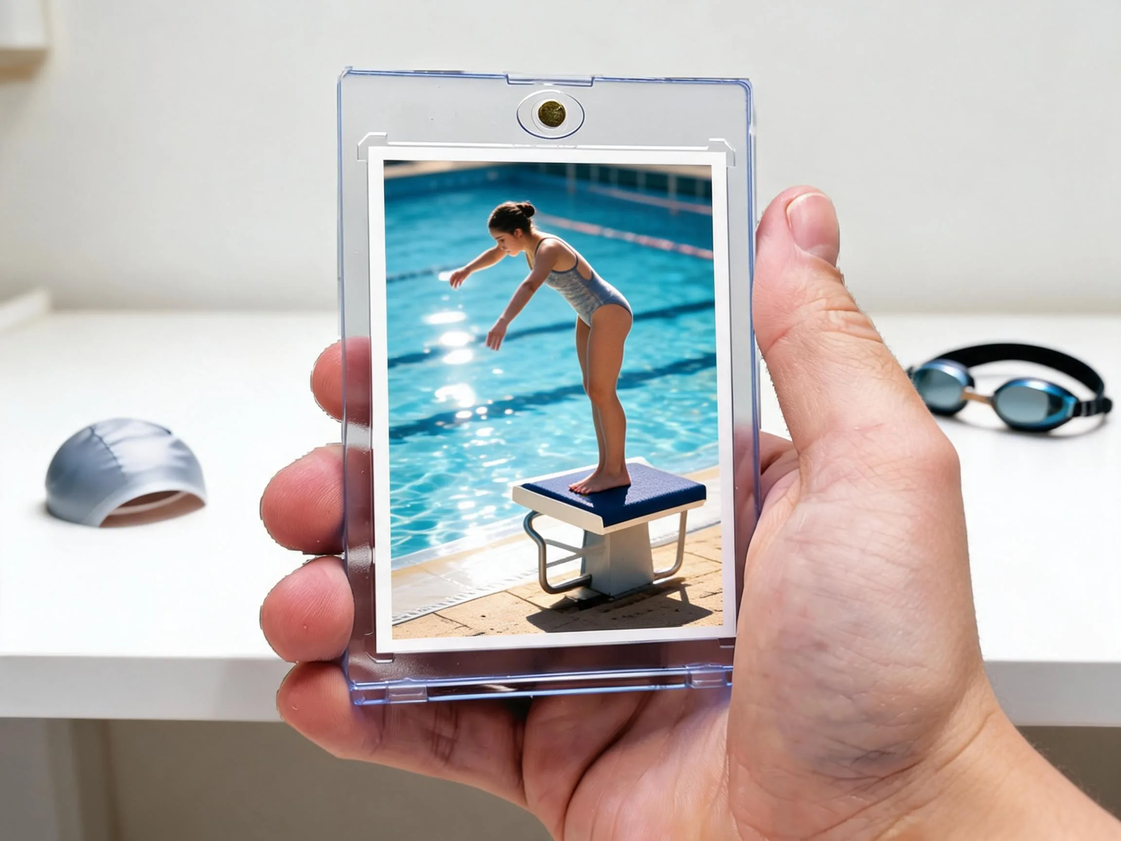 Custom swimming trading card in magnetic case showing swimmer on sunlit pool deck.