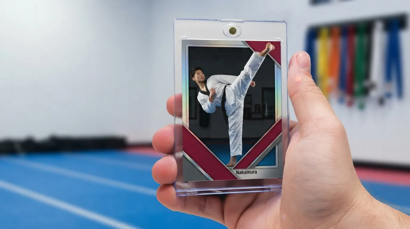 Hand holding magnetic case with taekwondo gifts trading card showing athlete mid spinning kick.