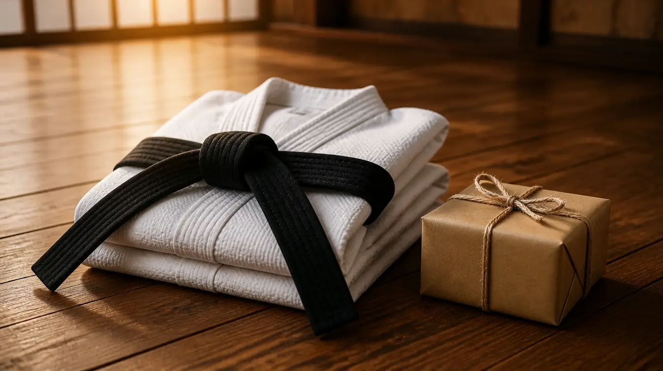 A folded white martial arts uniform with a black belt beside a gift box on a dojo floor
