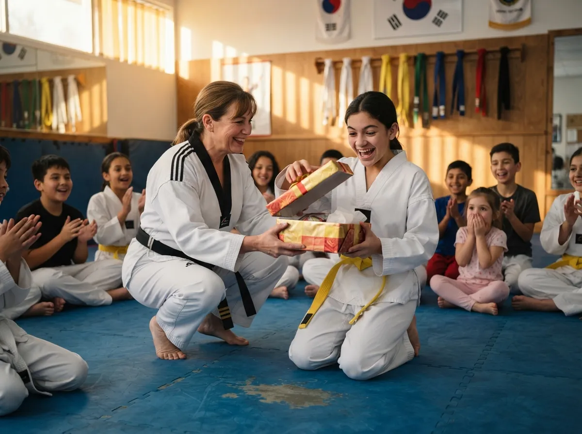 Taekwondo student smiling in surprise while unwrapping a gift on the dojo mat.