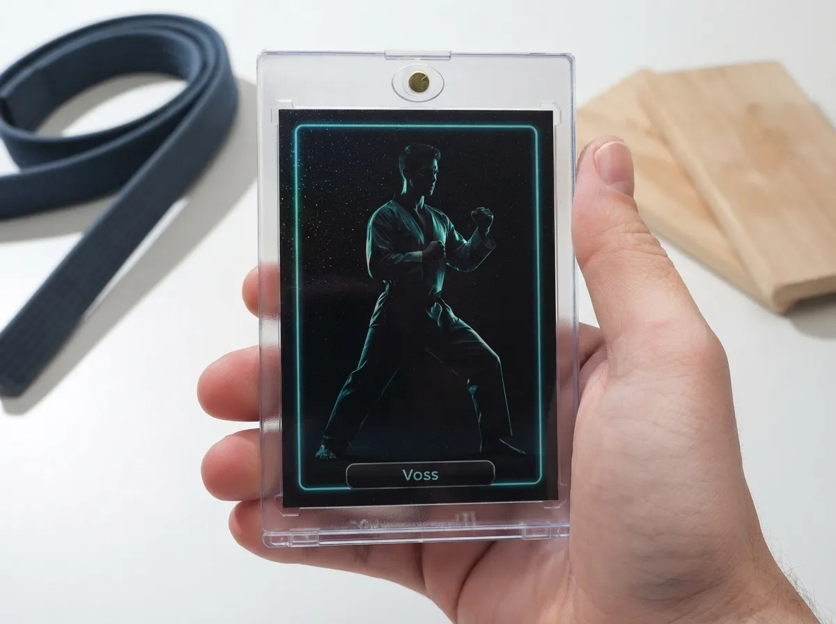 Custom martial arts trading card in magnetic case showing athlete with neon rim lighting.