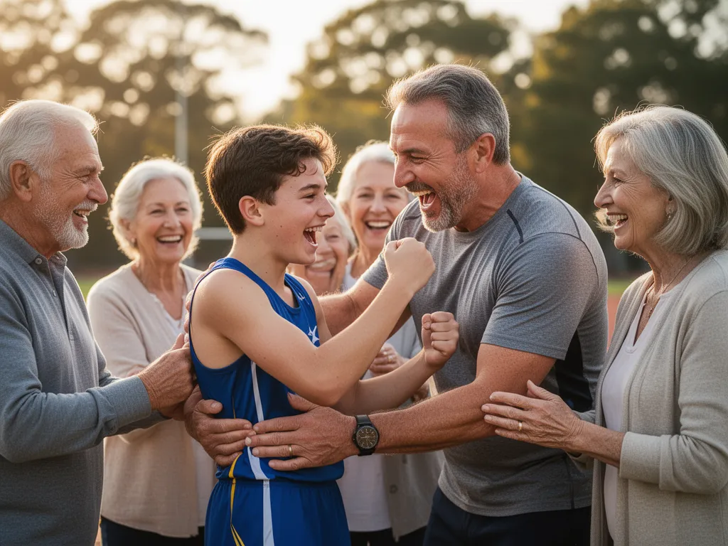 Young athlete smiling with coach and family members celebrating achievement and showing emotional pride together