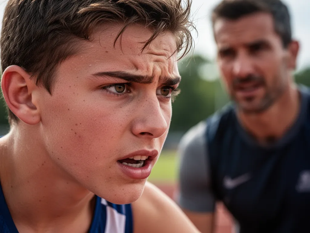 Determined young athlete's face showing focused intensity during competitive sports moment outdoors