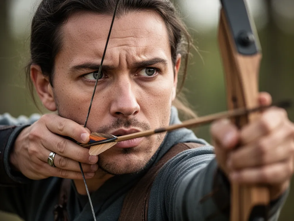 [Archer's intense concentration and steady aim captured at the moment of arrow release]