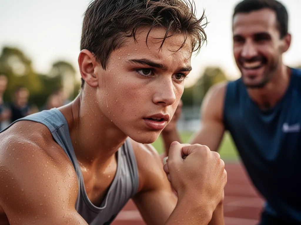 Close-up of athlete's determined face and physique during intense outdoor sporting moment