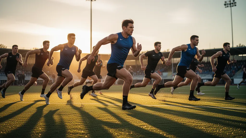 Multiple athletes sprinting across a sunlit field in dynamic motion during outdoor competition