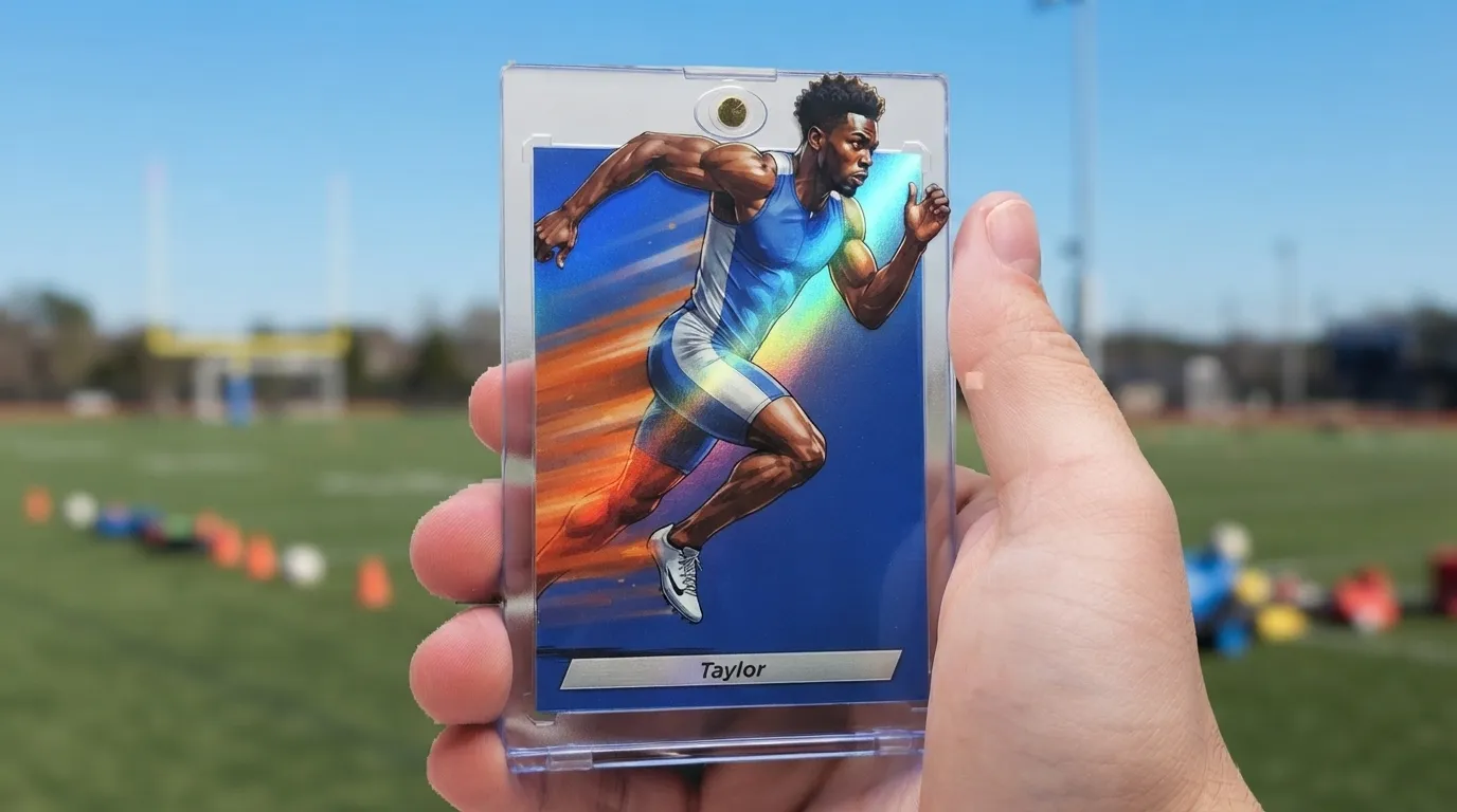 Hand holding magnetic case with taylor sports photography trading card of sprinter breaking the top edge.