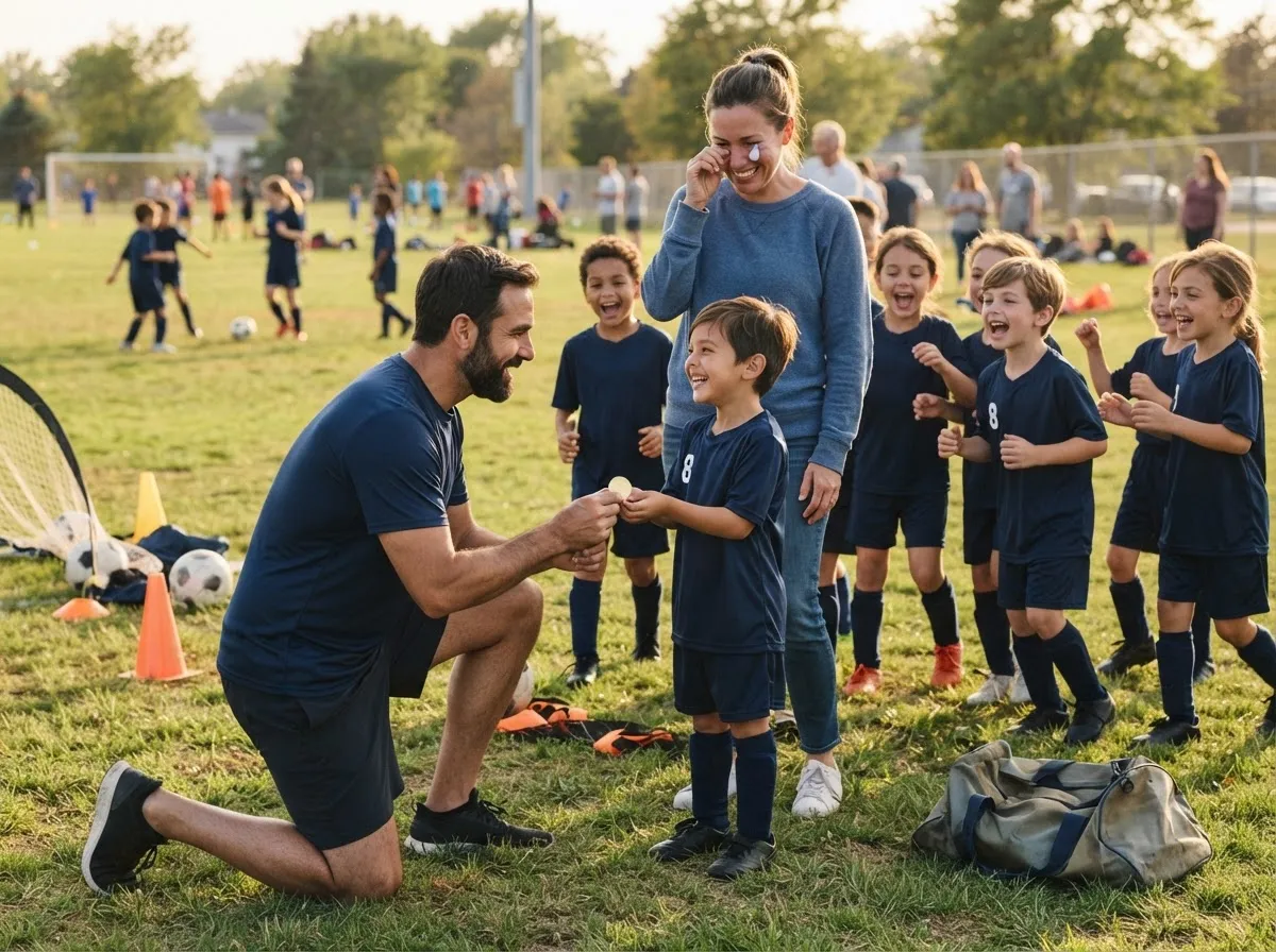 Coach and proud parent celebrate with young athlete during joyful team moment on field.