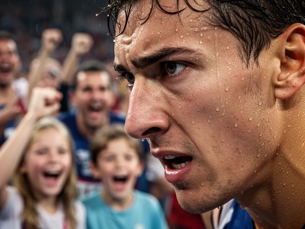 Close-up of athlete's focused face mid-competition with supportive spectators blurred in background