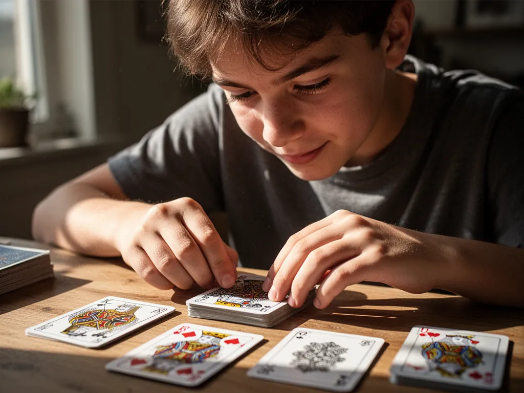 Young card creator's hands organizing custom cards with focused expression and natural window lighting