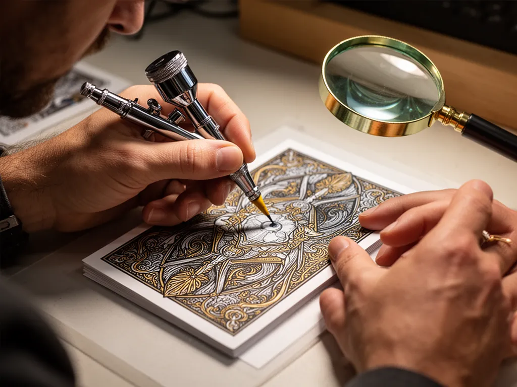 Designer's hands meticulously airbrushing detailed artwork onto a trading card prototype