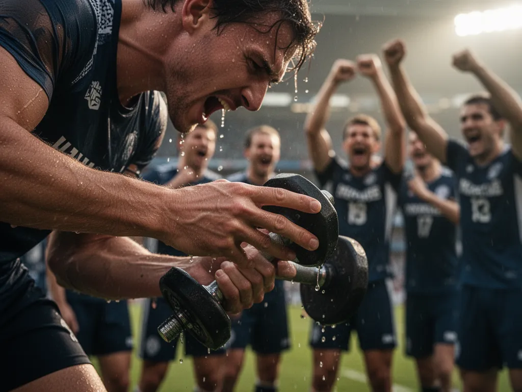 [Close-up of athlete's focused hands with teammates celebrating achievement in background]