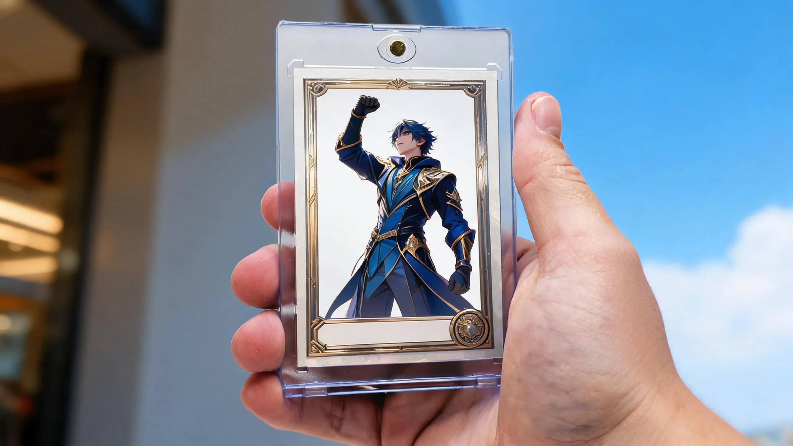 Hand holds magnetic case with fantasy tcg card maker design, sunny blue sky background.