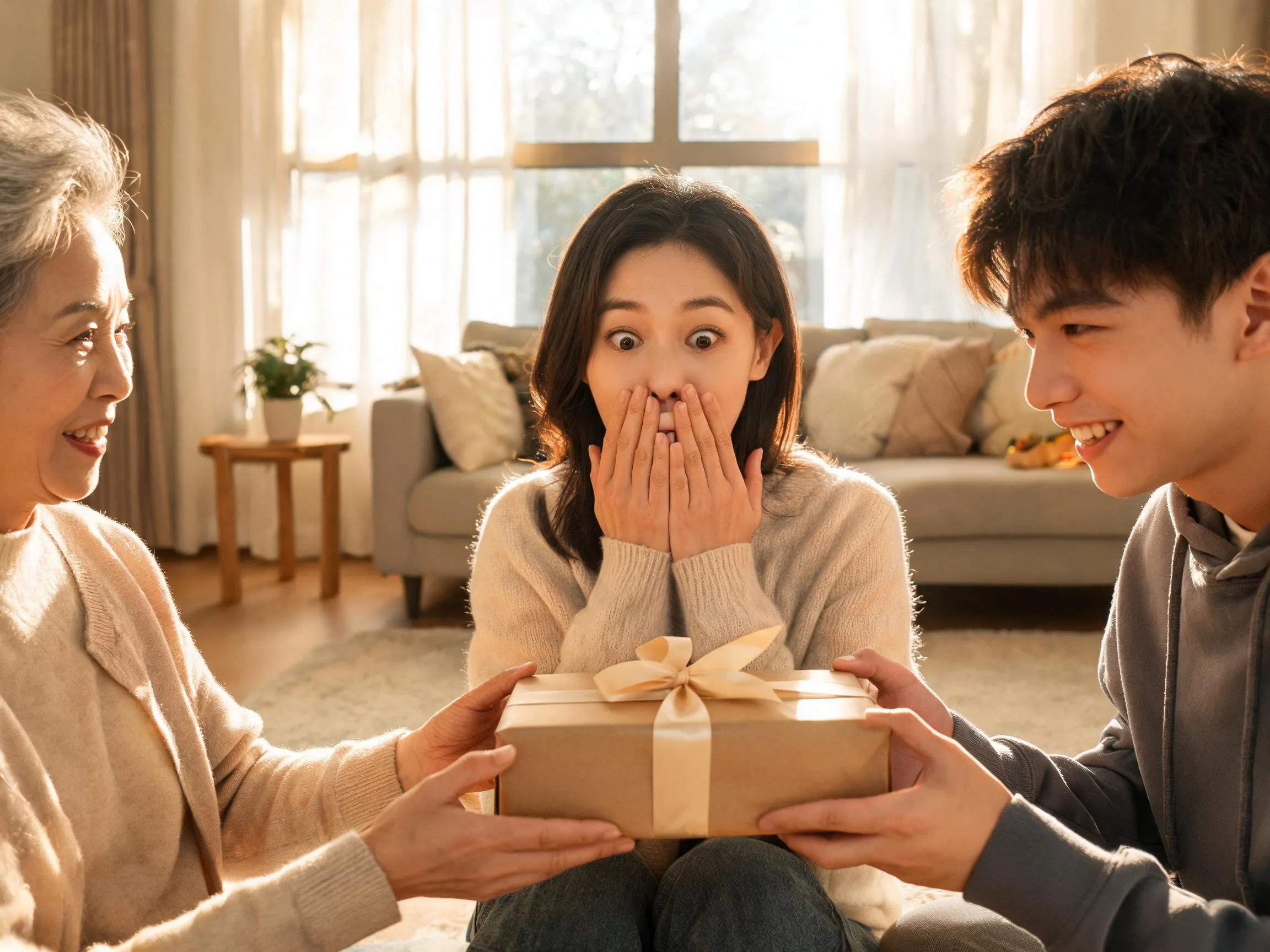Person reacting with joyful surprise while family hands them an unexpected gift.