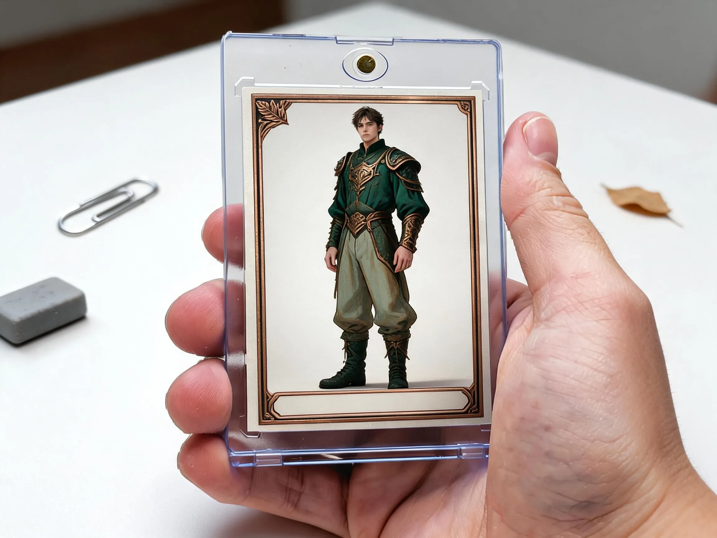 Custom keepsake trading card in magnetic case displayed on white tabletop.