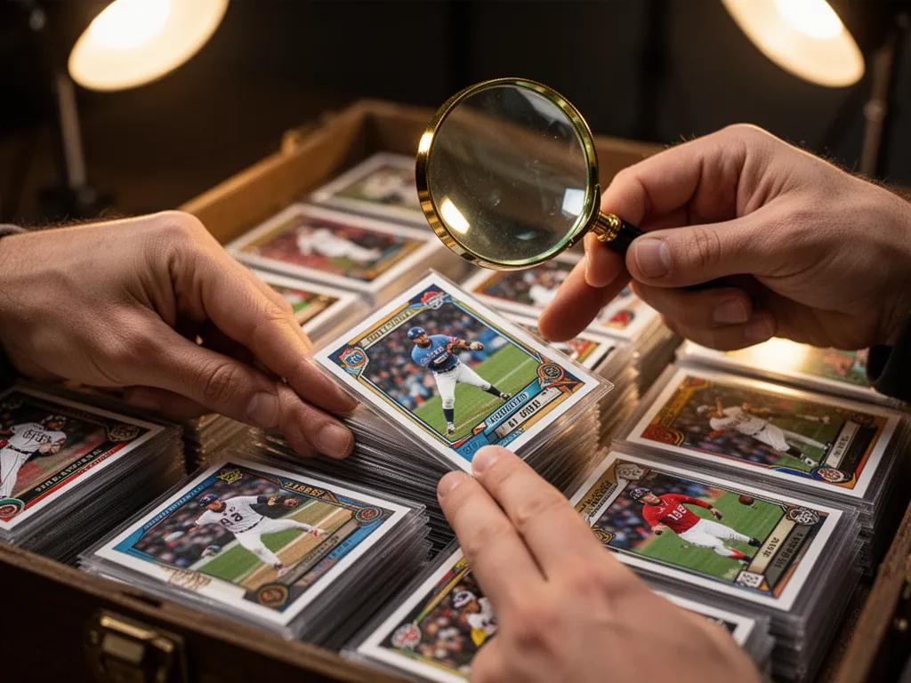 [Detailed close-up of hands examining trading card with magnifying glass showing craftsmanship]
