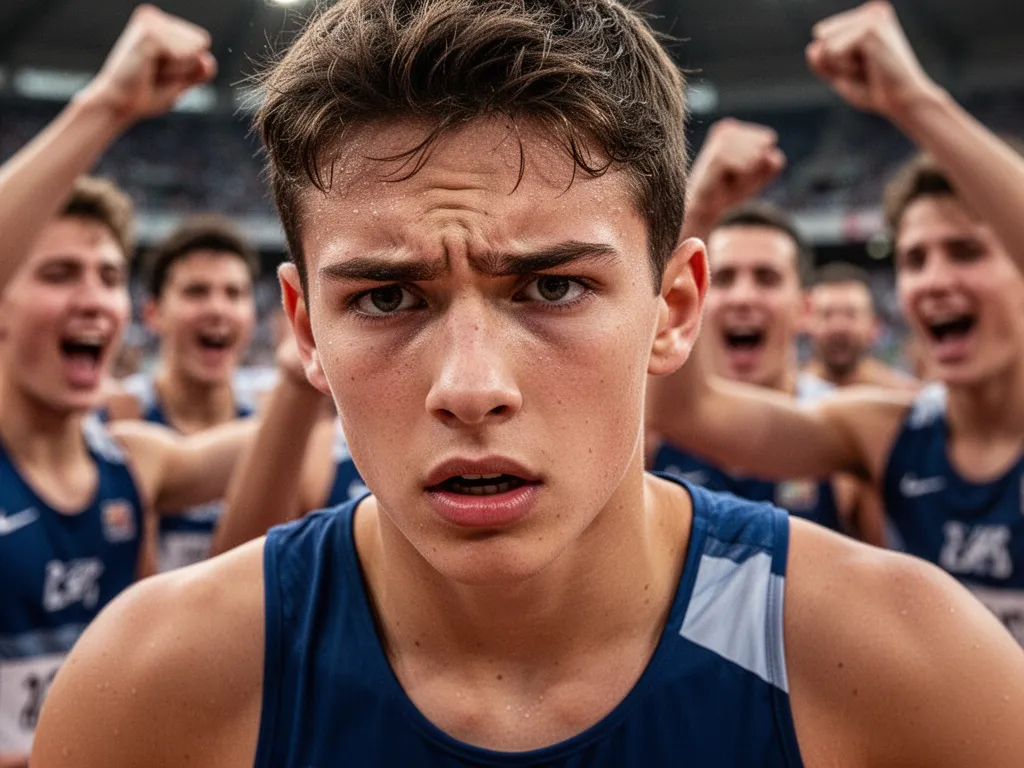 Young athlete's determined expression during competition with supportive teammates blurred in background