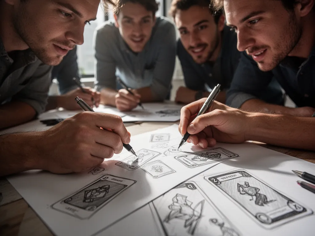 Designer's hands sketch detailed card artwork while teammates observe the creative process with enthusiasm.