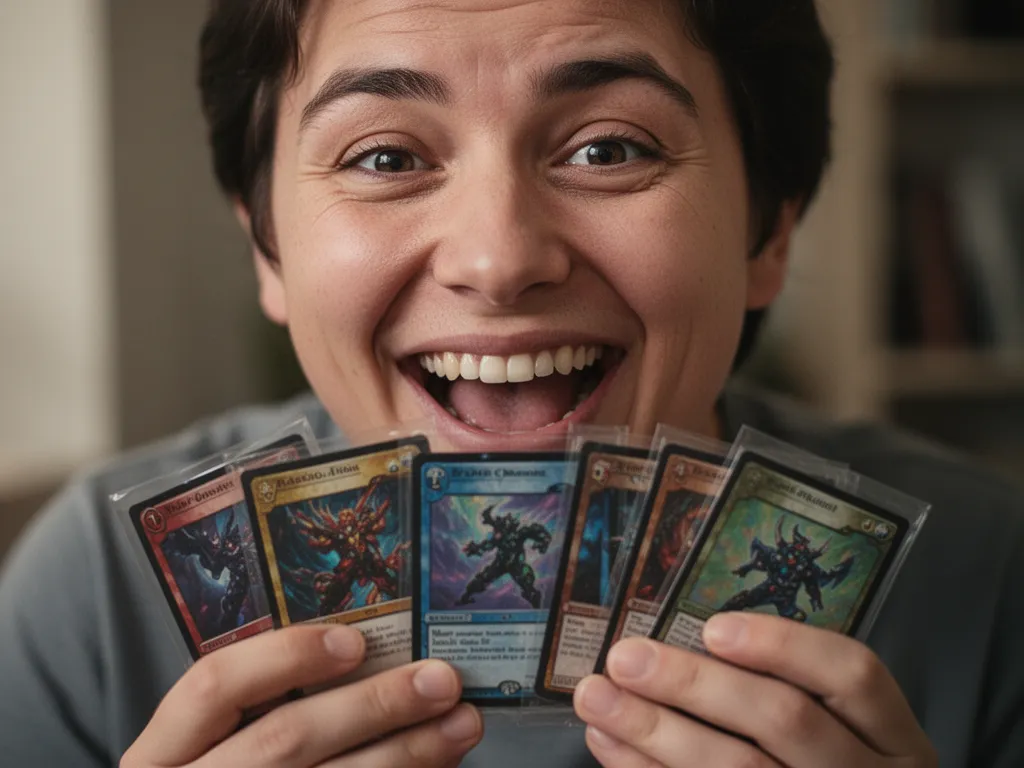 Person's face showing genuine excitement while holding newly unboxed trading cards with soft indoor lighting.