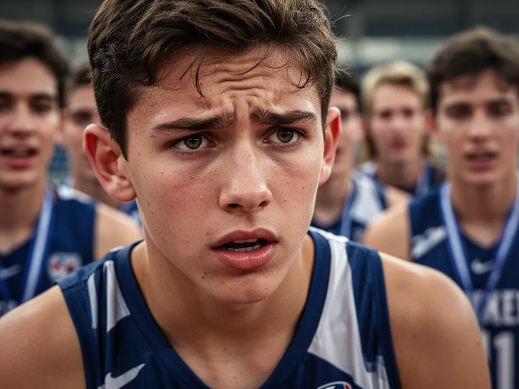 [Young athlete's concentrated expression with blurred teammates and supporters in warm background]